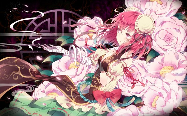 Anime picture 1253x777 with touhou ibaraki kasen domotolain single blush short hair wide image looking away pink hair pink eyes wind hand on chest girl skirt hair ornament flower (flowers) bow ribbon (ribbons) hair ribbon bandage (bandages)