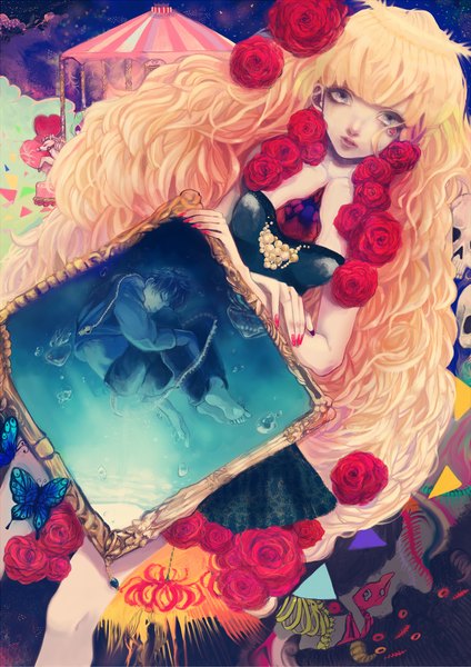 Anime picture 1700x2406 with original maydell single tall image looking at viewer open mouth blue eyes blonde hair bare shoulders holding blue hair very long hair nail polish barefoot hair flower fingernails lips wavy hair underwater silver eyes