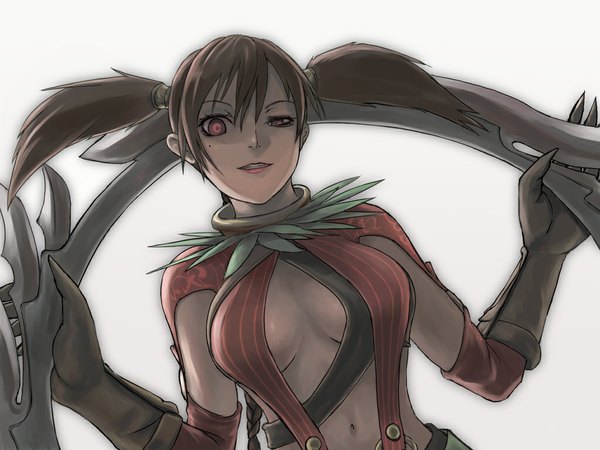 Anime picture 1024x768 with soulcalibur soulcalibur iv tira (soulcalibur) tea (nakenashi) breasts light erotic red eyes brown hair large breasts twintails mole mole under eye