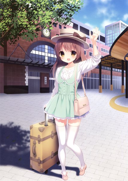 Anime picture 2489x3500 with original suzu (artist) single long hair tall image looking at viewer blush highres open mouth brown hair brown eyes scan official art girl thighhighs dress hat white thighhighs bag suitcase