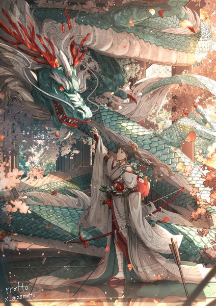 Anime picture 2894x4093 with original 28motto single long hair tall image highres red eyes brown hair standing signed full body traditional clothes japanese clothes arm up twitter username new year fantasy girl flower (flowers) weapon
