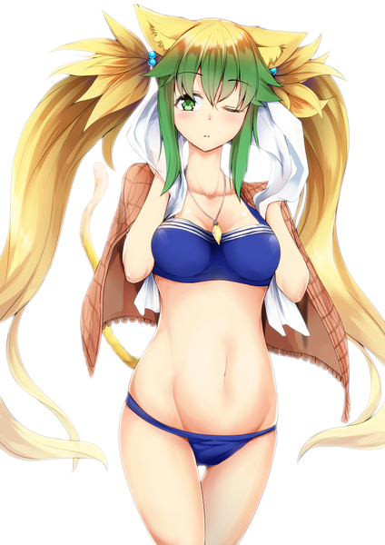 Anime picture 2480x3508 with fate (series) fate/apocrypha atalanta (fate) zarashi single long hair tall image looking at viewer blush fringe highres breasts light erotic simple background blonde hair hair between eyes white background twintails green eyes animal ears