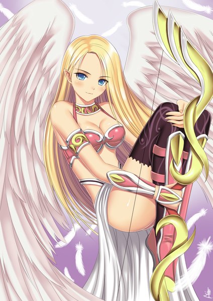 Anime picture 2893x4092 with original xiao lian single long hair tall image blush highres blue eyes light erotic blonde hair signed girl thighhighs black thighhighs wings feather (feathers) bow (weapon)