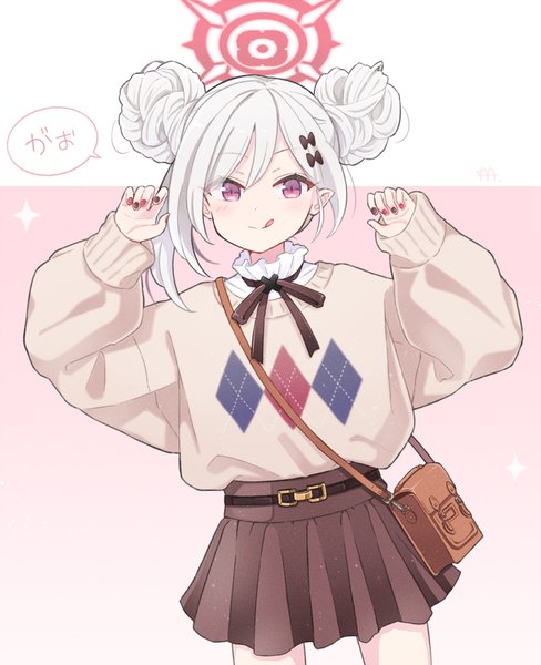 Anime picture 773x950 with blue archive mutsuki (blue archive) yama ymst single tall image looking at viewer blush fringe short hair simple background smile standing purple eyes white hair pointy ears arms up hair bun (hair buns) text hieroglyph alternate hairstyle