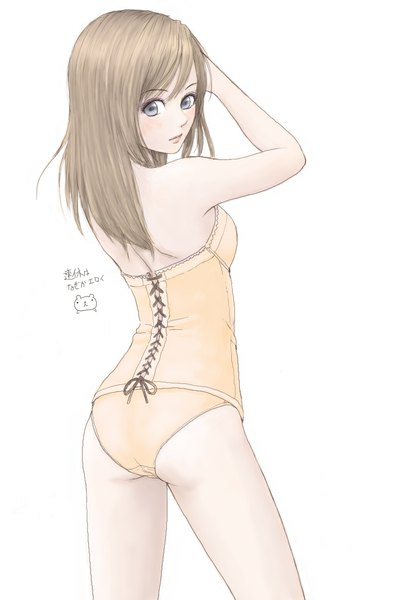 Anime picture 760x1155 with original erurodo (artist) single long hair tall image looking at viewer blush blue eyes light erotic simple background blonde hair white background bare shoulders ass looking back from behind inscription underwear only lacing girl