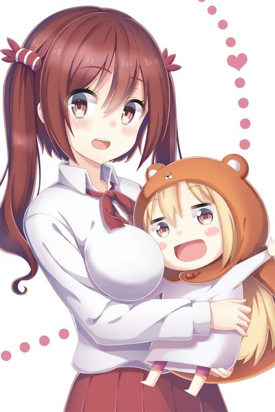 Anime picture 600x900 with himouto! umaru-chan doga kobo doma umaru ebina nana komaru yuzu-aki long hair tall image looking at viewer blush fringe breasts blonde hair brown hair large breasts twintails multiple girls holding brown eyes pleated skirt