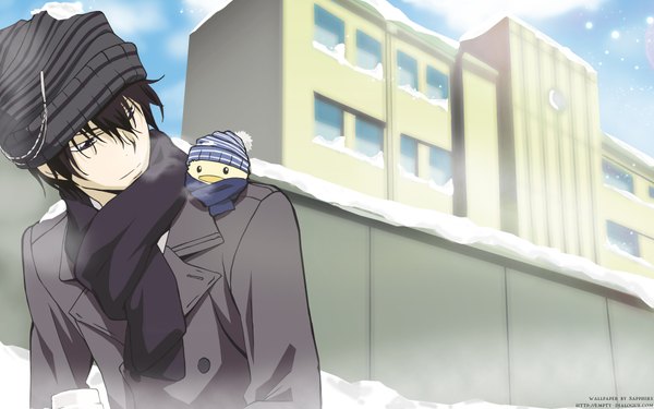 Anime picture 1920x1200 with katekyou hitman reborn hibari kyouya highres brown hair wide image snowing winter snow hat