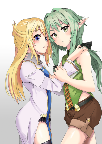 Anime picture 2480x3508 with goblin slayer! high elf archer (goblin slayer!) priestess (goblin slayer!) jtleeklm long hair tall image looking at viewer blush fringe highres breasts blue eyes blonde hair simple background hair between eyes standing multiple girls green eyes payot head tilt