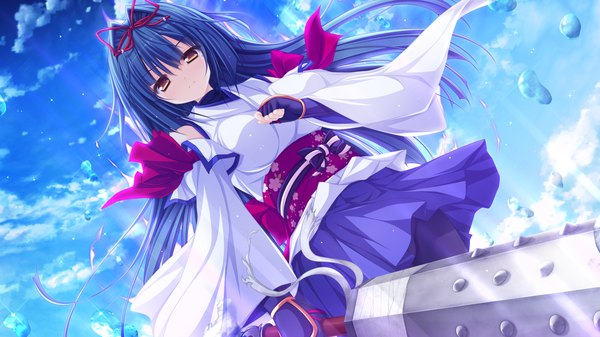 Anime picture 1920x1080 with justy nasty whirlpool (studio) ootsuki karin mikagami mamizu long hair highres wide image yellow eyes blue hair game cg cloud (clouds) japanese clothes girl bow weapon detached sleeves kimono obi
