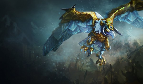 Anime picture 1215x717 with league of legends battlefield anivia (league of legends) single wide image horn (horns) mountain blank eyes animal bird (birds) claws ice