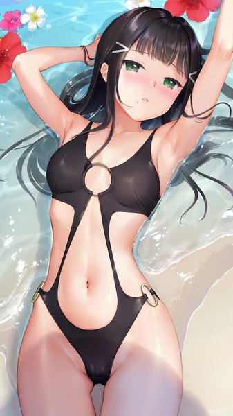 Anime picture 1080x1920 with love live! sunshine!! sunrise (studio) love live! kurosawa dia mignon single long hair tall image looking at viewer blush fringe breasts open mouth light erotic outdoors lying blunt bangs from above mole arms up