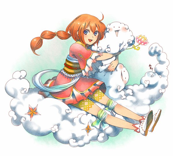 Anime picture 1000x900 with original makoto ichihashi single long hair looking at viewer fringe open mouth blue eyes smile white background cloud (clouds) ahoge orange hair hug single braid girl dress flower (flowers) short dress red dress