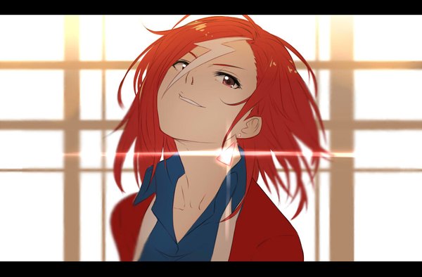 Anime picture 1100x723 with zaregoto series aikawa jun isshiki (ffmania7) single fringe short hair open mouth simple background smile red eyes red hair glowing letterboxed eyebrows open collar girl earrings blouse