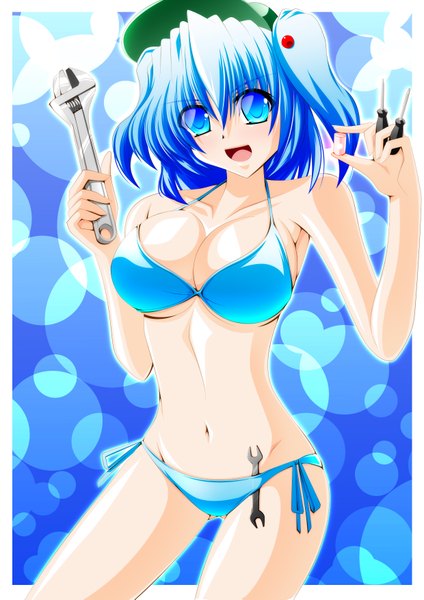 Anime picture 1240x1753 with touhou kawashiro nitori engo (aquawatery) single tall image short hair breasts open mouth blue eyes light erotic large breasts blue hair girl navel swimsuit bikini cap wrench