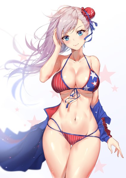 Anime picture 1300x1838 with fate (series) fate/grand order miyamoto musashi (fate) miyamoto musashi (swimsuit berserker) (fate) pdxen single long hair tall image looking at viewer blush fringe breasts blue eyes light erotic simple background smile large breasts white background bare shoulders cleavage