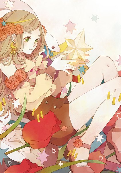 Anime picture 704x1000 with original anzu (astro75) single long hair tall image blush blonde hair sitting green eyes nail polish hair flower light smile looking down girl hair ornament flower (flowers) earrings animal shoes shorts