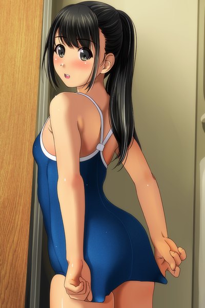 Anime picture 800x1200 with original matsunaga kouyou single long hair tall image open mouth light erotic black hair ass ponytail looking back black eyes back adjusting swimsuit girl swimsuit one-piece swimsuit school swimsuit
