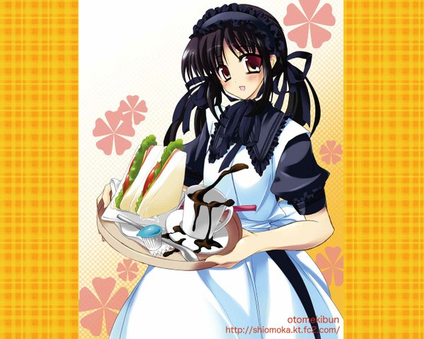 Anime picture 1280x1024 with original sanshoku amido single looking at viewer blush open mouth black hair smile red eyes holding signed :d maid pillarboxed girl food headdress maid headdress tray spoon