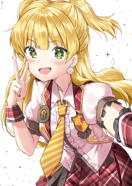 Anime picture 720x1015 with idolmaster idolmaster cinderella girls jougasaki rika h shai single long hair tall image looking at viewer open mouth blonde hair white background green eyes nail polish fang (fangs) two side up puffy sleeves plaid skirt victory self shot circle of friends
