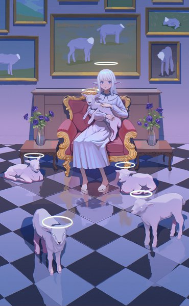 Anime picture 1264x2048 with original kenharu single long hair tall image looking at viewer fringe open mouth blue eyes sitting holding animal ears full body white hair indoors blunt bangs barefoot pointy ears reflection checkered floor