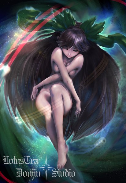 Anime picture 2031x2952 with touhou reiuji utsuho currybou long hair tall image fringe highres light erotic brown hair eyes closed barefoot covering covering breasts weightlessness girl bow hair bow star (stars) galaxy
