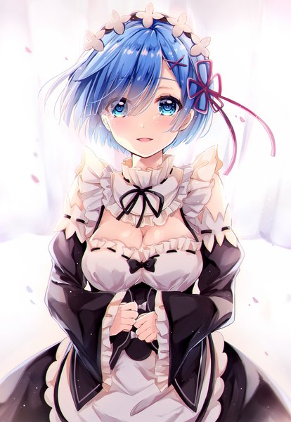 Anime picture 817x1183 with re:zero kara hajimeru isekai seikatsu white fox rem (re:zero) sakura hiyori single tall image looking at viewer blush fringe short hair breasts blue eyes smile large breasts blue hair cleavage upper body parted lips wind hair over one eye