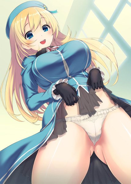Anime picture 1066x1490 with kantai collection atago heavy cruiser akanagi youto single long hair tall image looking at viewer blush breasts open mouth blue eyes light erotic blonde hair large breasts dress lift girl dress gloves underwear panties