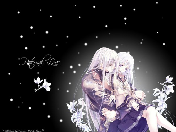 Anime picture 1280x960 with sumi keiichi long hair simple background smile sitting purple eyes white hair profile inscription wallpaper couple hug black background snowing girl boy flower (flowers)
