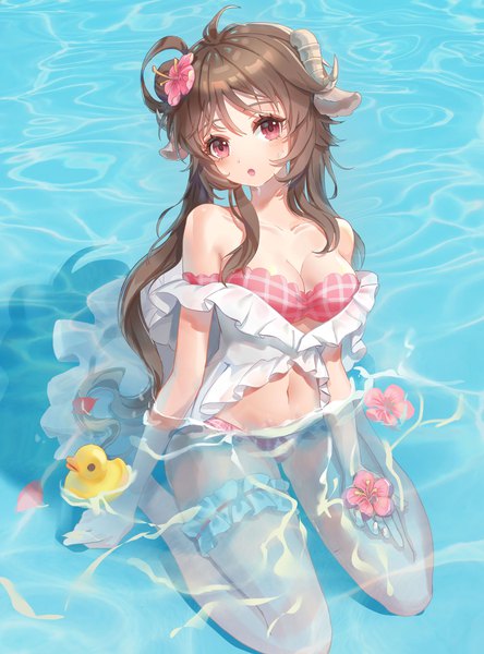 Anime picture 2000x2702 with arknights eyjafjalla (arknights) eyjafjalla (summer flower) (arknights) hao chi tu single long hair tall image looking at viewer blush fringe highres breasts open mouth light erotic hair between eyes red eyes brown hair large breasts sitting ahoge