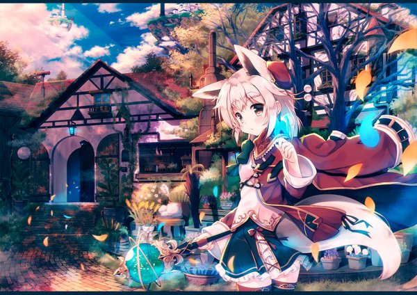 Anime picture 1275x901 with original misaki yuu (dstyle) single blush short hair brown eyes animal ears looking away sky cloud (clouds) white hair tail animal tail girl dress plant (plants) tree (trees) leaf (leaves) staff