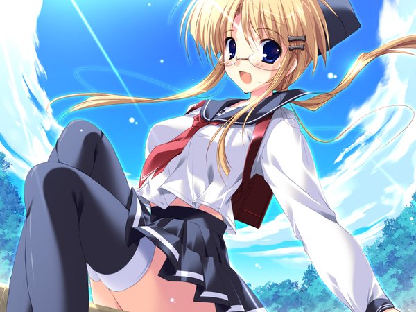 Anime picture 1600x1200 with original mikeou single looking at viewer blush open mouth blue eyes blonde hair sitting sky cloud (clouds) outdoors pleated skirt girl thighhighs skirt uniform hair ornament plant (plants) school uniform