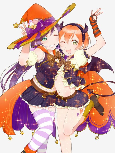 Anime picture 800x1065 with love live! school idol project sunrise (studio) love live! toujou nozomi hoshizora rin mat (matsurik) long hair tall image blush short hair breasts open mouth smile bare shoulders multiple girls green eyes yellow eyes purple hair tail one eye closed