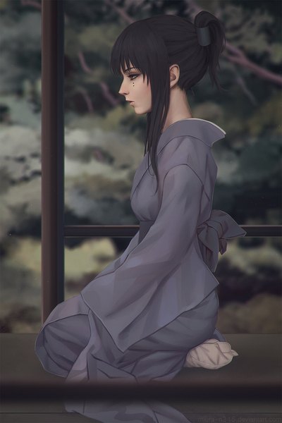 Anime picture 1200x1800 with hitsuji no uta takashiro chizuna miura-n315 single long hair tall image black hair sitting brown eyes signed payot looking away traditional clothes japanese clothes profile depth of field watermark seiza folded ponytail girl
