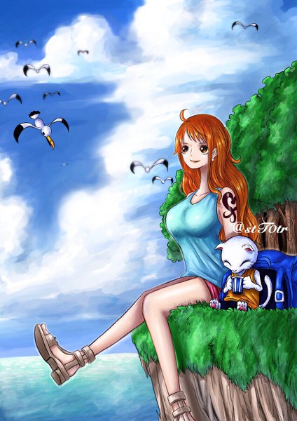 Anime picture 848x1200 with one piece toei animation nami (one piece) stt0tr single long hair tall image breasts smile large breasts sitting bare shoulders brown eyes signed payot looking away sky cloud (clouds) ahoge outdoors