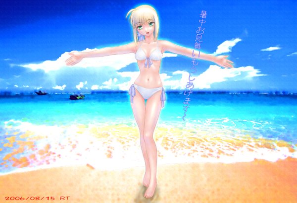 Anime picture 1260x860 with fate (series) fate/stay night studio deen type-moon artoria pendragon (all) saber tagme (artist) single short hair open mouth light erotic blonde hair green eyes sky ahoge inscription beach hieroglyph spread arms girl