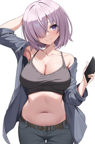 Anime picture 2622x3973 with fate (series) fate/grand order mash kyrielight suiroh (shideoukami) single tall image looking at viewer fringe highres short hair breasts light erotic simple background large breasts standing white background purple eyes cleavage purple hair hair over one eye