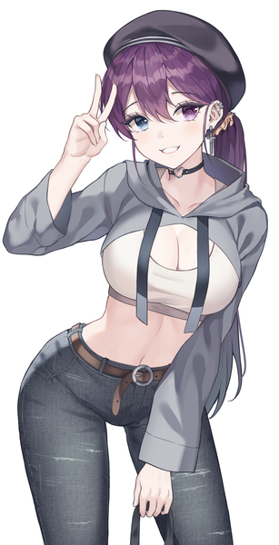Anime picture 1794x3505 with original luxiel single long hair tall image looking at viewer fringe highres breasts blue eyes light erotic simple background smile hair between eyes white background purple eyes holding cleavage purple hair ponytail