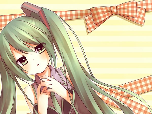 Anime picture 1024x768 with vocaloid hatsune miku amane kurumi single long hair looking at viewer blush fringe hair between eyes twintails green eyes upper body green hair hands clasped plaid girl bow necktie
