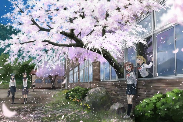 Anime picture 1624x1080 with original ikeda jun (mizutamari) blush short hair open mouth blue eyes blonde hair brown hair standing twintails multiple girls ponytail grey hair black eyes cherry blossoms short twintails happy walking talking girl