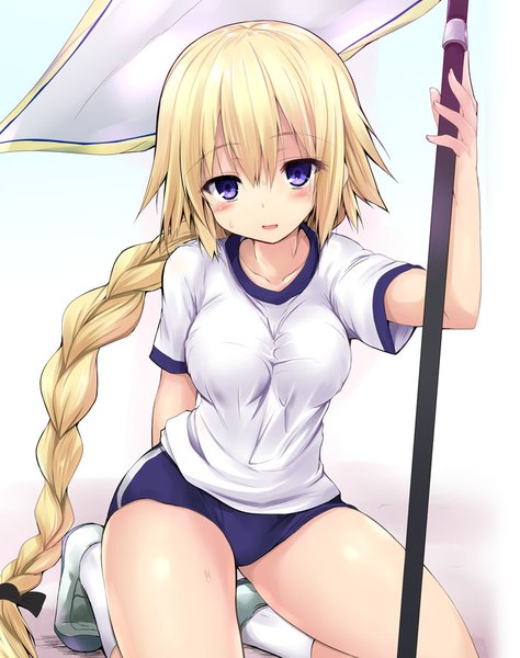 Anime picture 700x885 with fate (series) fate/apocrypha jeanne d'arc (fate) (all) jeanne d'arc (fate) sen (astronomy) single tall image looking at viewer blush breasts open mouth light erotic simple background blonde hair hair between eyes large breasts white background purple eyes braid (braids) very long hair