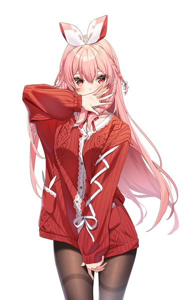 Anime picture 1920x3118 with virtual youtuber atelier live pinku (vtuber) rosuuri single long hair tall image looking at viewer blush fringe highres simple background hair between eyes red eyes standing white background pink hair braid (braids) long sleeves arm up