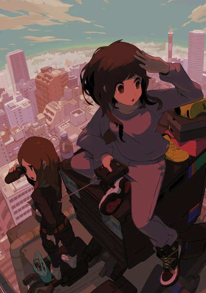 Anime picture 1294x1836 with original tomioka jirou long hair tall image short hair open mouth brown hair multiple girls brown eyes sky cloud (clouds) cityscape girl 2 girls pantyhose shoes shorts belt scarf pants