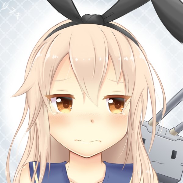 Anime picture 1000x1000 with kantai collection shimakaze destroyer rensouhou-chan rifuki single long hair blush fringe simple background blonde hair hair between eyes brown eyes looking away tears portrait girl bow hair bow headband