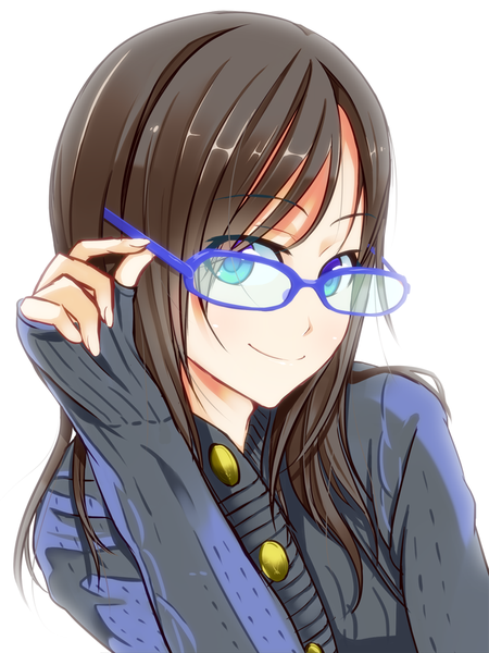 Anime picture 750x1000 with original kazane kirito single long hair tall image looking at viewer fringe simple background white background brown eyes head tilt fingernails light smile leaning dark hair adjusting glasses girl glasses buttons