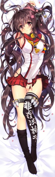 Anime picture 2372x7509 with kantai collection yamato super battleship carnelian single long hair tall image blush highres light erotic brown hair full body hair flower dakimakura (medium) girl thighhighs skirt hair ornament flower (flowers) black thighhighs miniskirt