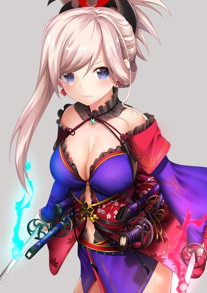 Anime picture 2066x2923 with fate (series) fate/grand order miyamoto musashi (fate) takamiya nao single long hair tall image looking at viewer blush highres breasts light erotic simple background purple eyes bare shoulders holding cleavage grey background bare belly dual wielding
