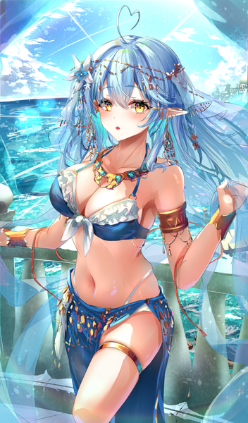 Anime picture 1055x1800 with virtual youtuber hololive yukihana lamy hai 0013 single long hair tall image looking at viewer blush fringe breasts light erotic hair between eyes large breasts yellow eyes blue hair sky cloud (clouds) ahoge outdoors
