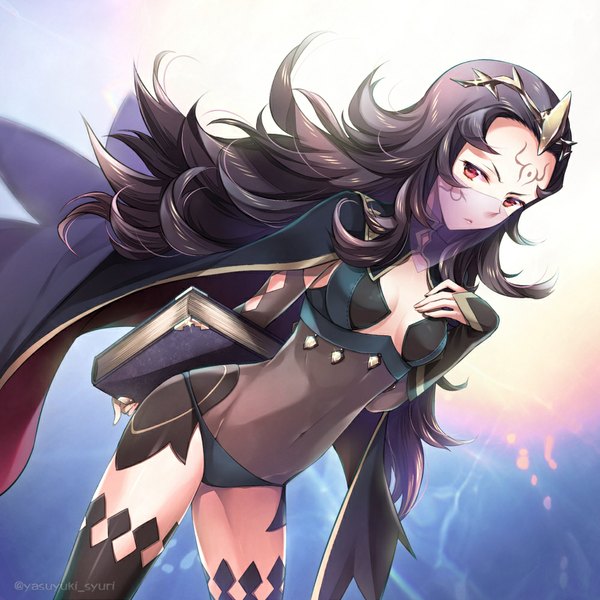 Anime picture 1000x1000 with fire emblem fire emblem fates nintendo nyx (fire emblem if) shuri yasuyuki single long hair looking at viewer light erotic black hair red eyes holding signed cleavage leaning facial mark hand on chest arm behind back girl thighhighs