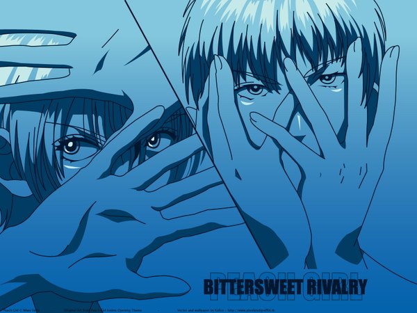 Anime picture 1600x1200 with peach girl okayasu kairi kalicodreamz ueda miwa looking at viewer fringe short hair hair between eyes signed monochrome close-up blue background covering vector third-party edit covering face boy