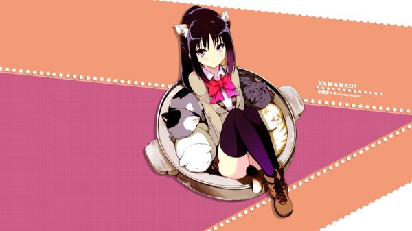 Anime picture 1920x1080 with highres black hair red eyes wide image animal ears ponytail cat ears cat girl girl thighhighs serafuku cat